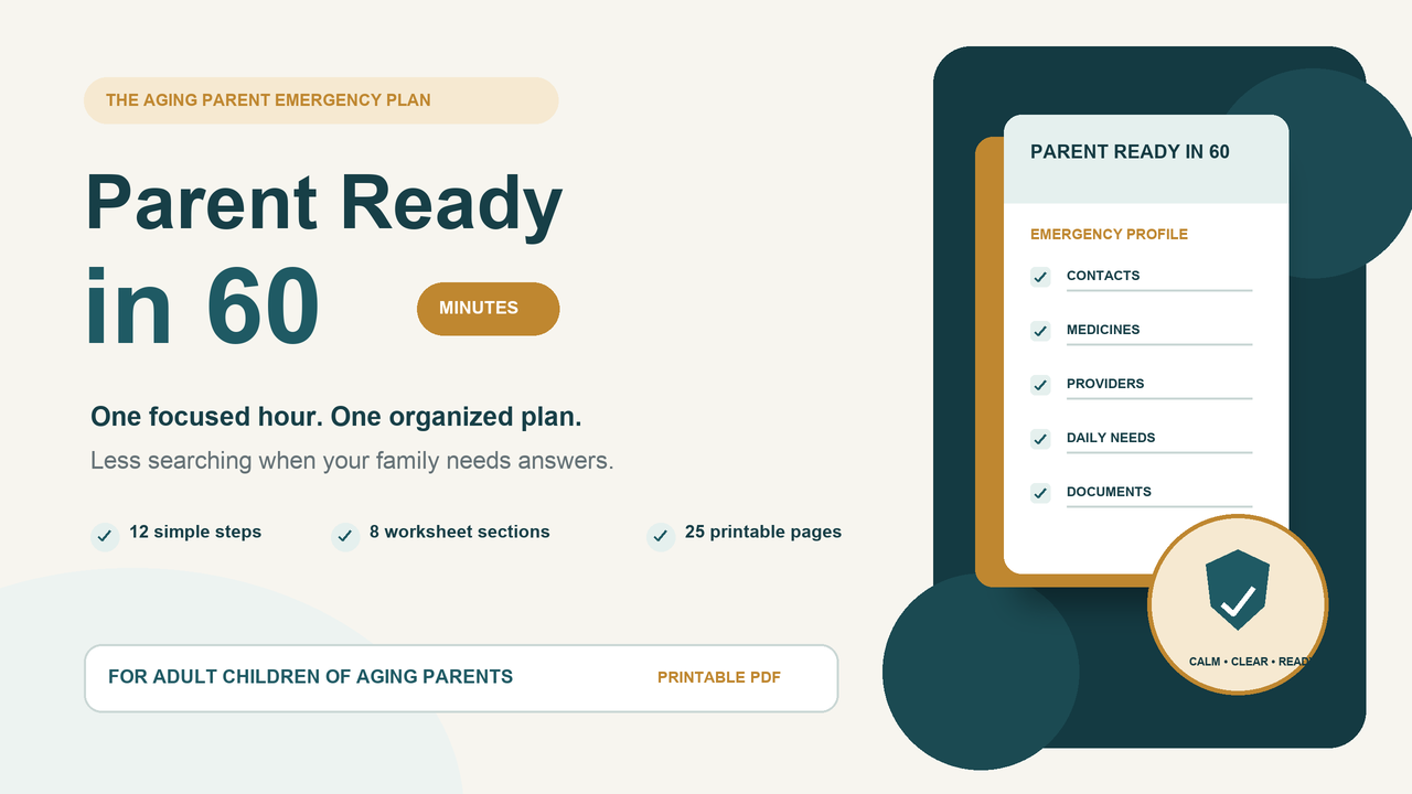 Parent Ready in 60 guide cover with an emergency profile checklist illustration
